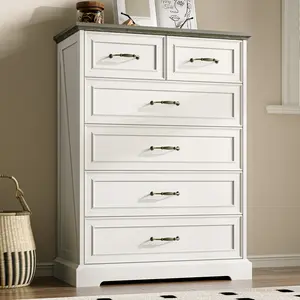 Dresser for Bedroom with 6 Drawer, 43'' Tall Dresser for Closet, Farmhouse Wooden Chest of Drawers with Natural Wood Texture, Vintage Storage Organizer for Living Room, Hallway, White