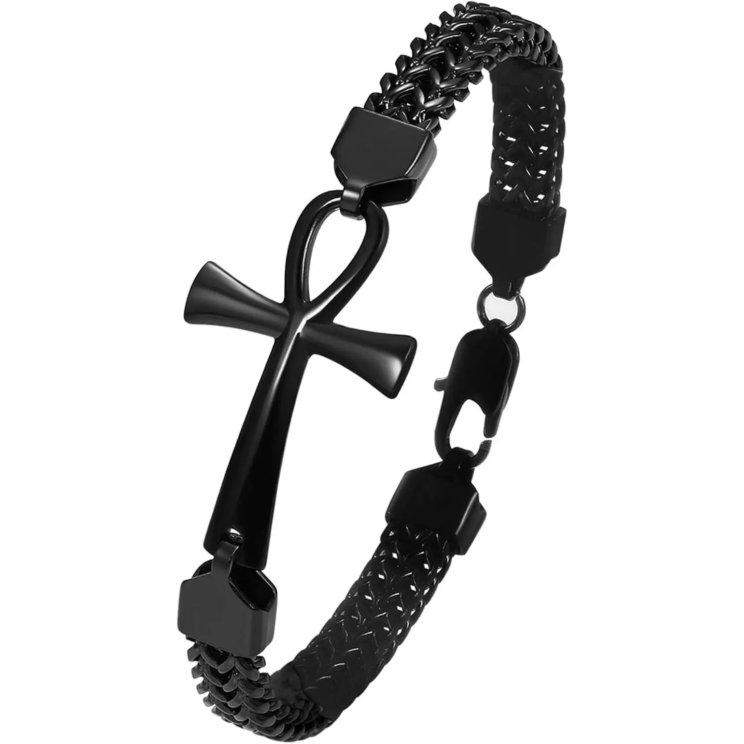 Men's Stainless Steel Ankh Cross Bracelet, Punk Hip Hop Double-Layered Braided Chain, Egyptian Ankh Amulet Jewelry Gifts for Christmas/Birthday, Daily Wear Accessory for Husband/Boyfriend, Double Layer