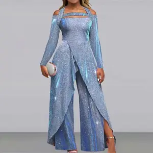 Sexy sequin long dress with a slanted front, mid-rise waist, elegant commuter jumpsuit