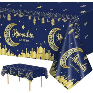 3 Pack Ramadan Table Cloth - Blue and Gold Ramadan Kareem Table Cover, Plastic Disposable Rectangle Eid Moon Star Tablecloth for Ramadan Mubarak Table Decorations and Party Decor, 108 X 54 Inch Litmitfu