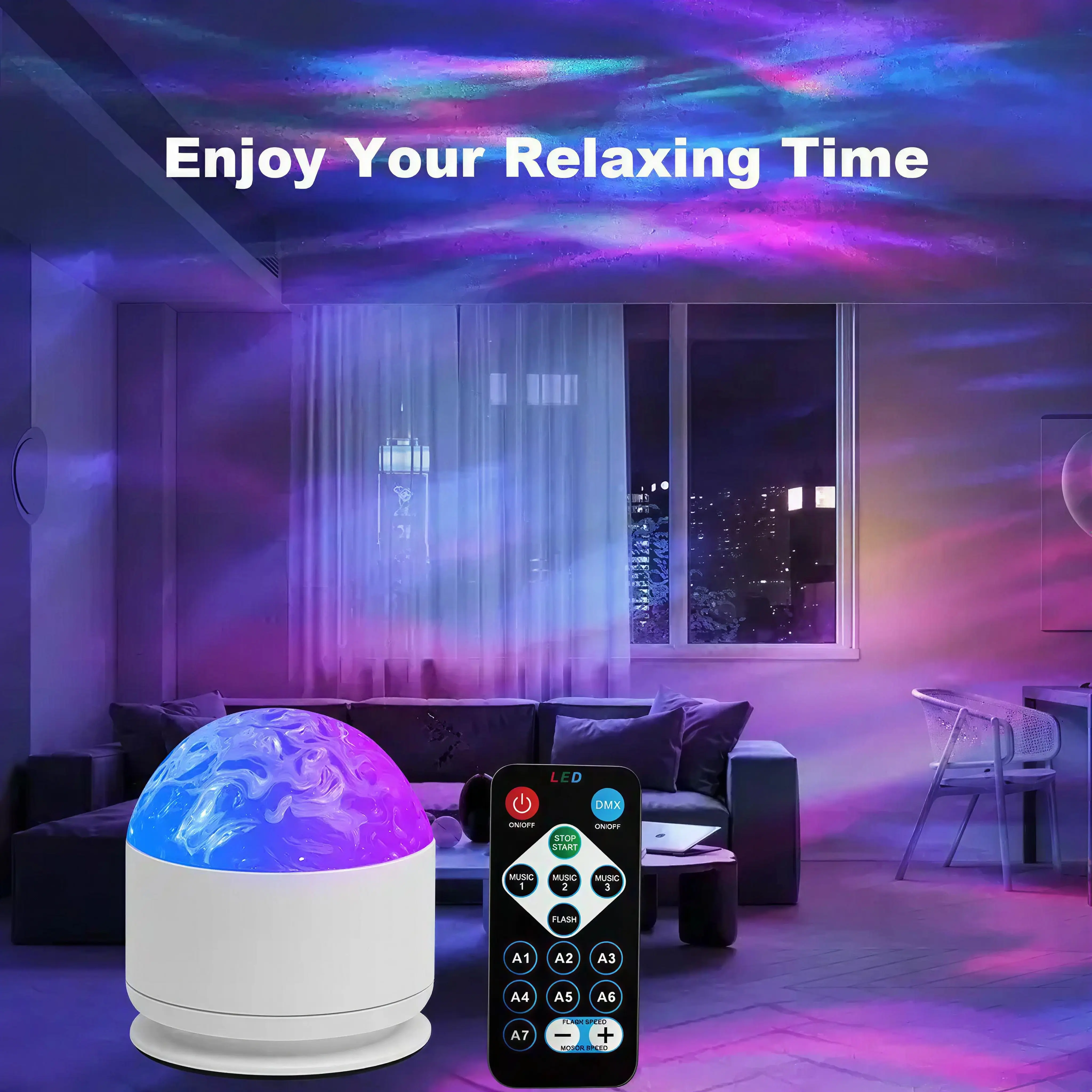 2-Scene 7-Color Star Projector Lamp with Music Rhythm, Ocean Wave & 3D Water Ripple Effects, Remote Control Ambient Lighting for Bedroom, Halloween Decor, Indoor Use, Holiday Gift Ideas