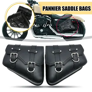 A pair 2 pcs Premium Naked Leather Swing Arm Bag For Motorcycle Side Bags Saddle Bags For Softails Choppers (Style-2, Black)