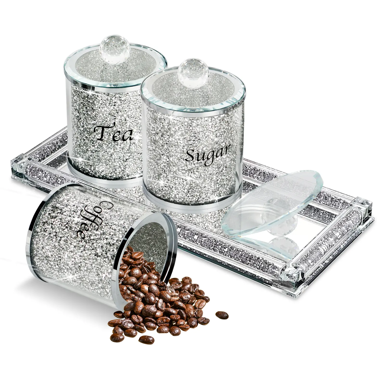 Glamorous 3-Pack Silver Diamond Shine Crystal Glass Salt & Pepper Shaker Set - With Tray, Kitchen Canister, Seasonings Storage Bottles for Home Kitchen Pantry Organization, Father's Day Gift Option