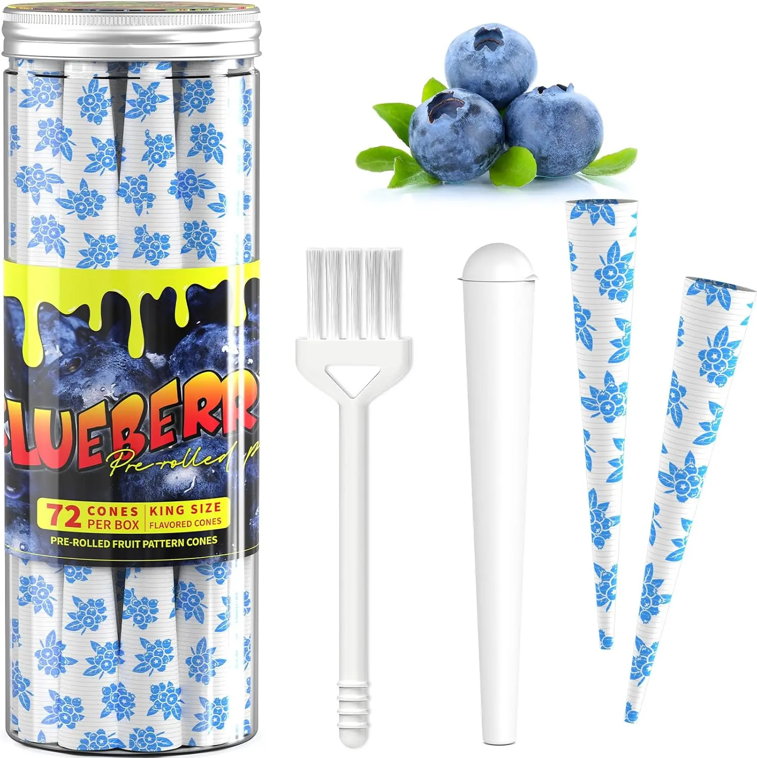 72 Pack Fruit Flavored Cones Paper King Size with Airtight Tube Great for Home & Travel (Blueberry)