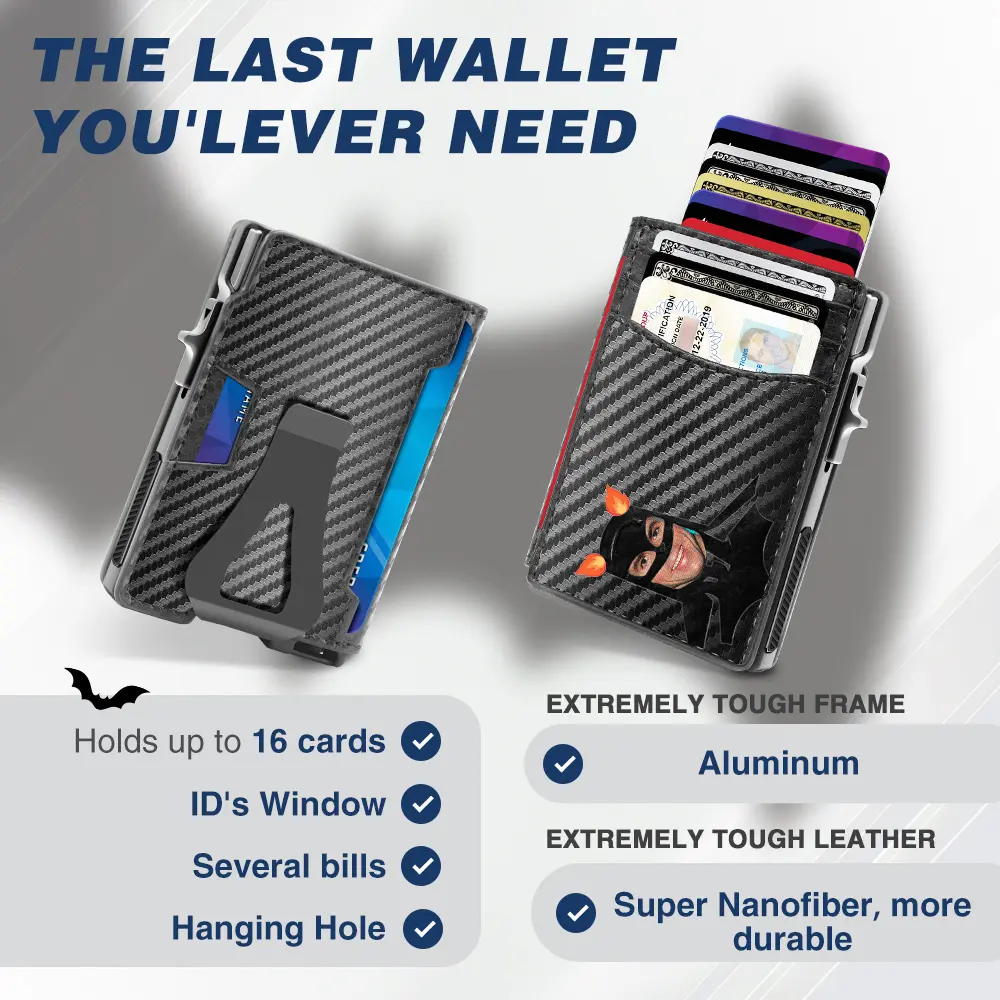 Mens Wallet with Hero Mask ID I RFID Blocking I 16 Cards I Money Clip I ID windows I Minimalist Metal Credit Card Holder Business Card Automatic Pop-Up Wallet