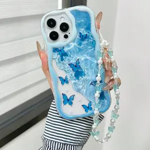 Cream Wave Pattern Anti-Drop Phone Case with Handmade Beaded Bracelet, Butterfly Painted Aesthetic Design for iPhone XR/11/12/13/14/15 Plus/16 Pro Max/17 Air Series