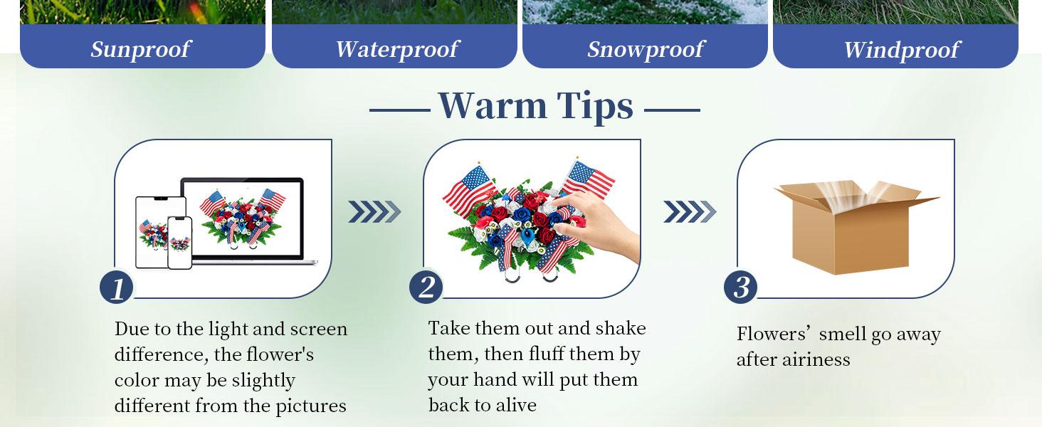 Headstone Flower Saddle Arrangements - Artificial Cemetery Flowers  Memorial Day Sympathy Floral for Outdoor Gravestone Decorations (Red White Royal Blue),250th Anniversary USA Decorations - Artificial Patriotic Cemetery Flowers for Grave