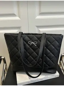 Women's Large Capacity Lattice Solid Color Bowknot Handbag Casual Simple Fashion Tote Bag Casual Shopping Bag 2026 New Style Top-handle Shoulder Bag