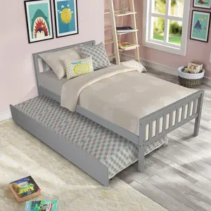 Twin Trundle Bed Frame with Headboard & Footboard, Wooden Platform Bed for Small Bedrooms, No Box Spring Needed