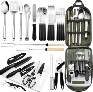 Portable Camping Kitchen Utensil Set-27  Cookware Kit, Stainless Steel Outdoor Cooking and Grilling Utensil Organizer Travel Set  for Travel, Picnics, RVs, Camping, BBQs, Parties and More