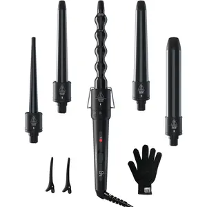 5 in 1 Curling Wand Set: Curling Iron Wand 5Pcs 0.35 to 1.25 Inch Interchangeable Ceramic Barrel Heat Protective Glove 2 Clips Dual Voltage Hair Curler for Girl Women Mother's Day Gift Black