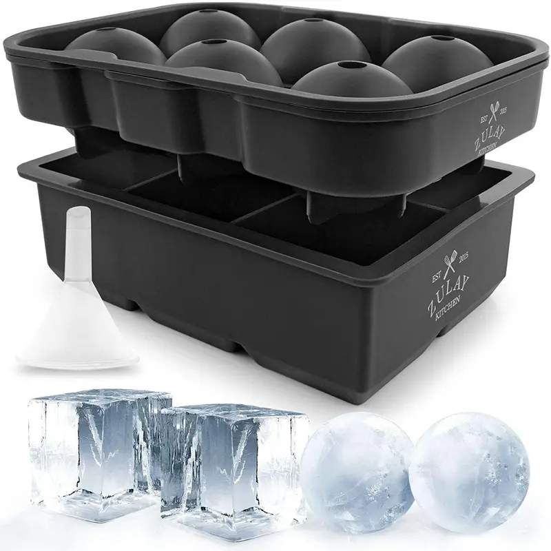 Zulay Kitchen Silicone Ice Cube Trays Set of 2 - Large Square and Sphere Ice Molds with Lid, Reusable for Whiskey, Cocktails & More