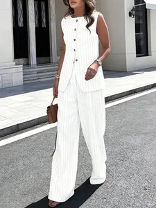 Women's Striped Button Vest Jacket & Straight Long Pants Set, Casual Fashion, Comfortable and Stylish, Perfect for Daily Wear