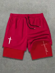 Religious Style Dual-Layer Gym Shorts, Minimalist Cross + Handwritten Slogan, Drawstring Waist, Casual Fit, Daily Wear, Light Religious Occasions