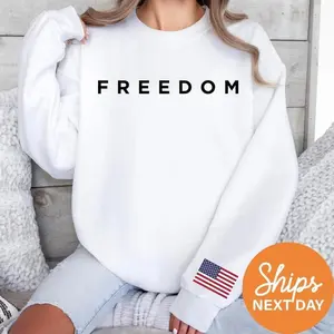 Freedom USA Flag Sleeve Crew Neck Cotton Sweatshirt for Men and Women, Unisex Pullover, Daily Casual Cotton Womenswear, Apparel Made In The USA		