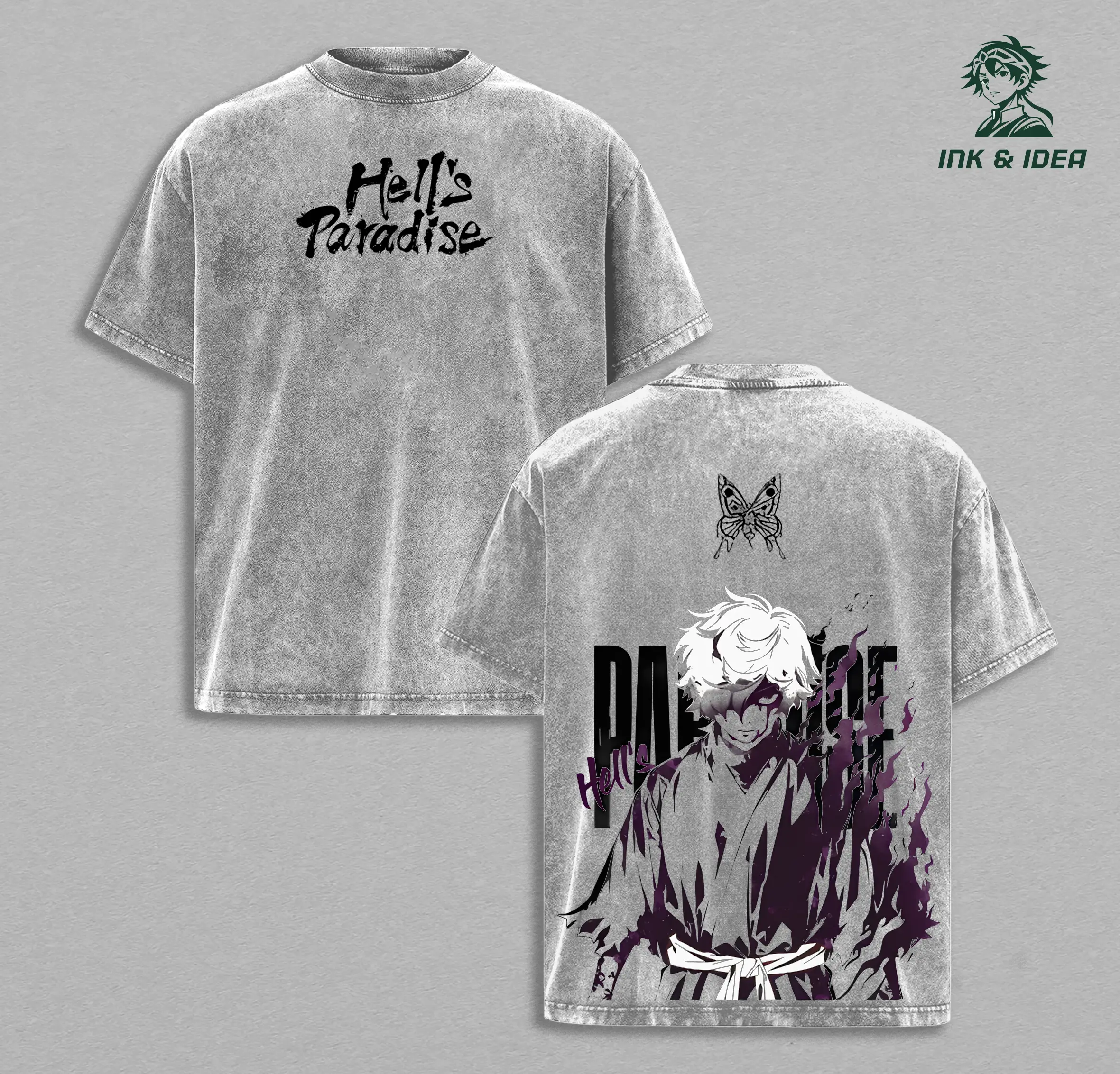Gabimaru Hell's Paradise Anime Vintage Washed Tee The Hollow Fire Graphic Oversize Heavyweight Cotton T-shirt Unisex Shinsenkyo Streetwear