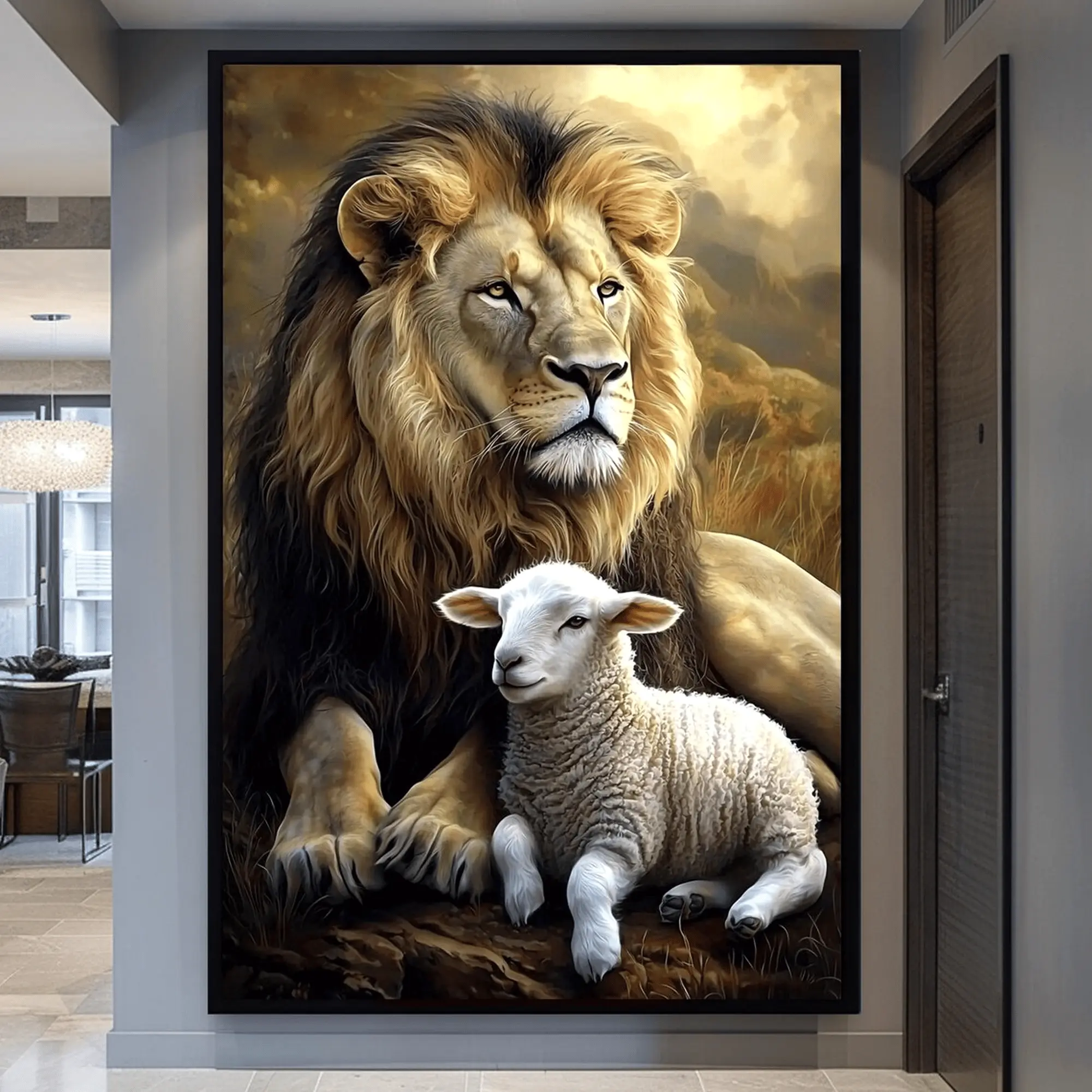 Lion and Lamb Canvas Print, Symbolic Peaceful Animal Wall Art, Framed Lion and Lamb Decor, Spiritual Harmony Artwork, Serene Home Decor