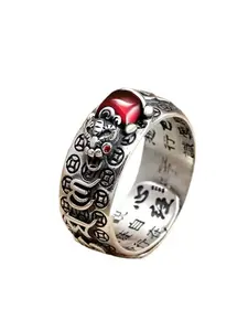 1Pcs Vintage Tibetan Style Pixiu Ring Set for Men and Women, 925 Sterling Silver Plated Adjustable Open Ring with Red Agate Inlay, Buddhist Charm Heart Sutra Engraved Lucky Wealth Jewelry for Meditation & Gifting