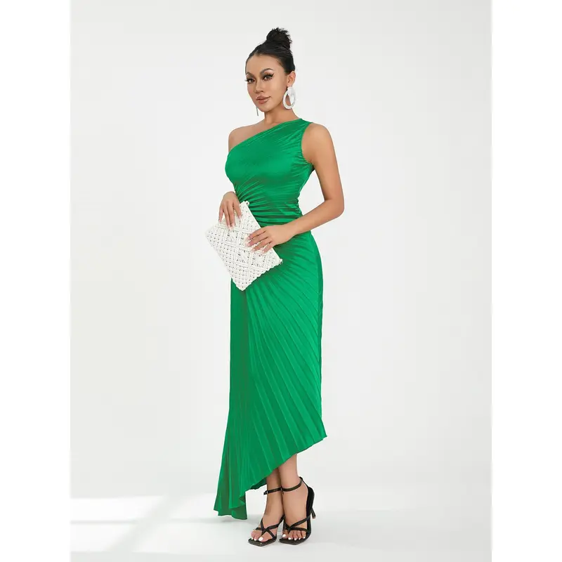Emerald Green One-Shoulder Pleated Maxi Dress for Women - Sleeveless, Asymmetrical Hem, Floral Print, Perfect for Cocktail Parties & Formal Events, Emerald Dress