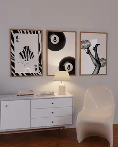 Luxury Black and White Wall Art Set of 3 Poster Dorm Room Deco- Zebra Lucky You Print, 8 Ball Poster, Heels & Kisses Aesthetic