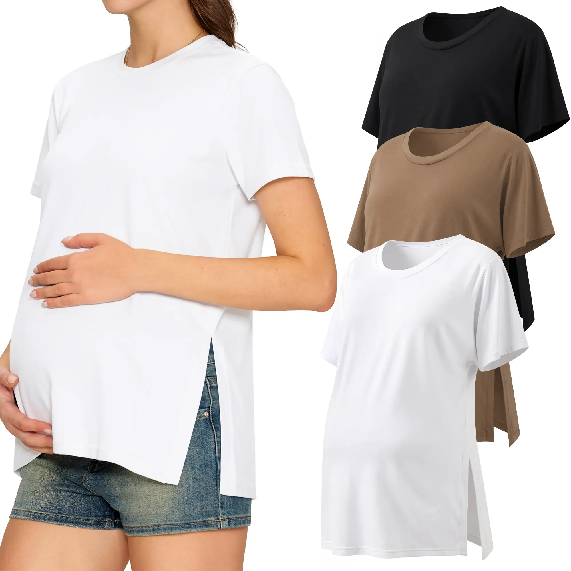 MIRAZEN 3 Pack Women's Maternity Shirts, Crew Neck Maternity Top Side Split Pregnancy Clothes Short Sleeve, Casual, 65% Polyester, 30% Rayon, 5% Spandex