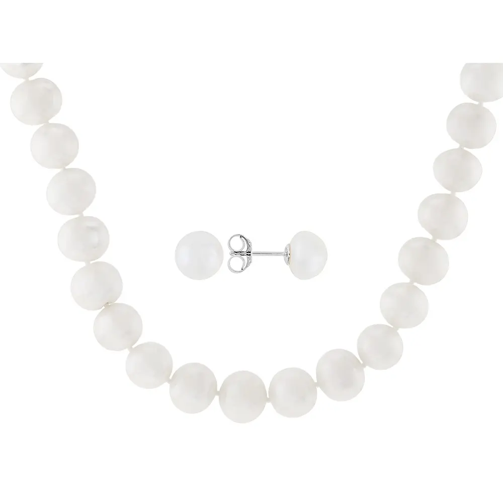 Classic Unisex Pearls Set, 9-11.5mm White Cultured Freshwater Pearl 20 Inch Strand Necklace and Matching Stud Earrings, Rhodium Over Sterling Silver Jewelry