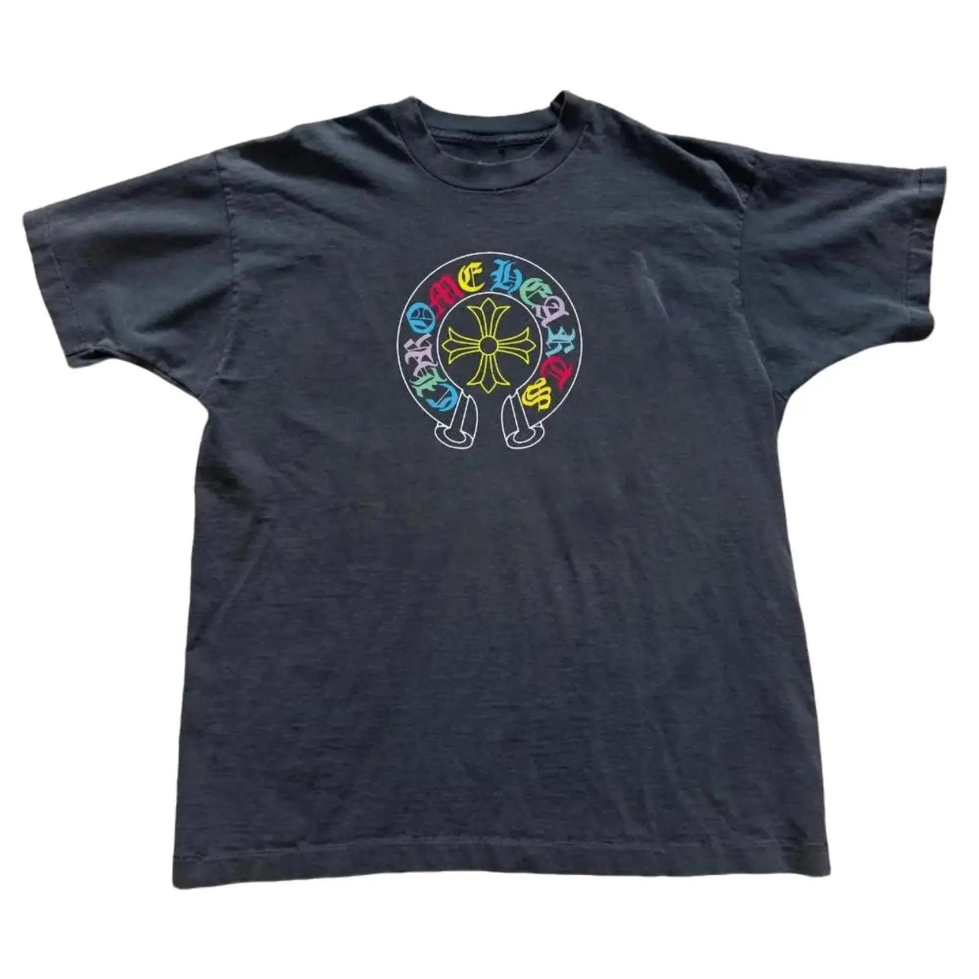 Gothic Cross T-Shirt, Rainbow Horseshoe Graphic Tee, Y2K Grunge Streetwear Shirt, Dark Alternative Tee