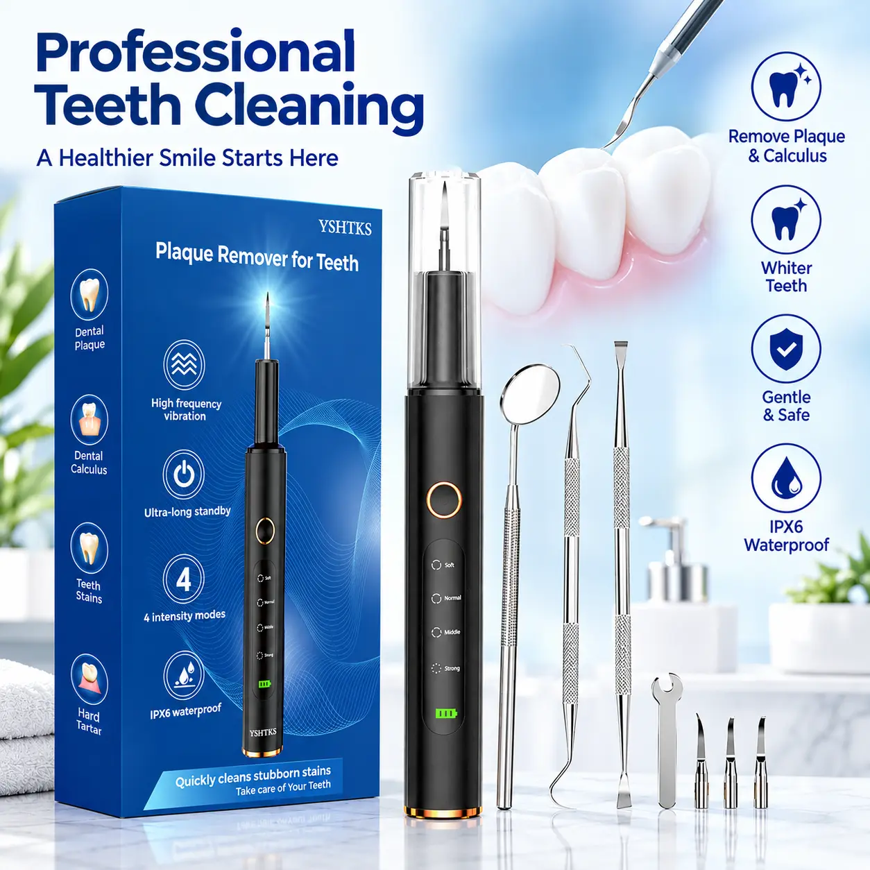 YSHTKS Teeth Cleaner-Ultrasonic Plaque Removal Tool,Portable Oral Irrigator for Deep Oral Care, 4 Cleaning Modes with 4 Replaceable Heads,IPX6 Waterproof