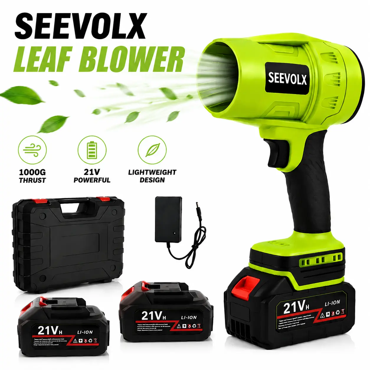 SEEVOLX 21V Brushless Cordless Leaf Blower with 2*3.0Ah Batteries, 1000G Strong Thrust, Share & Get Extra Battery for Yard Cleanup, Car Drying & Snow Blowing