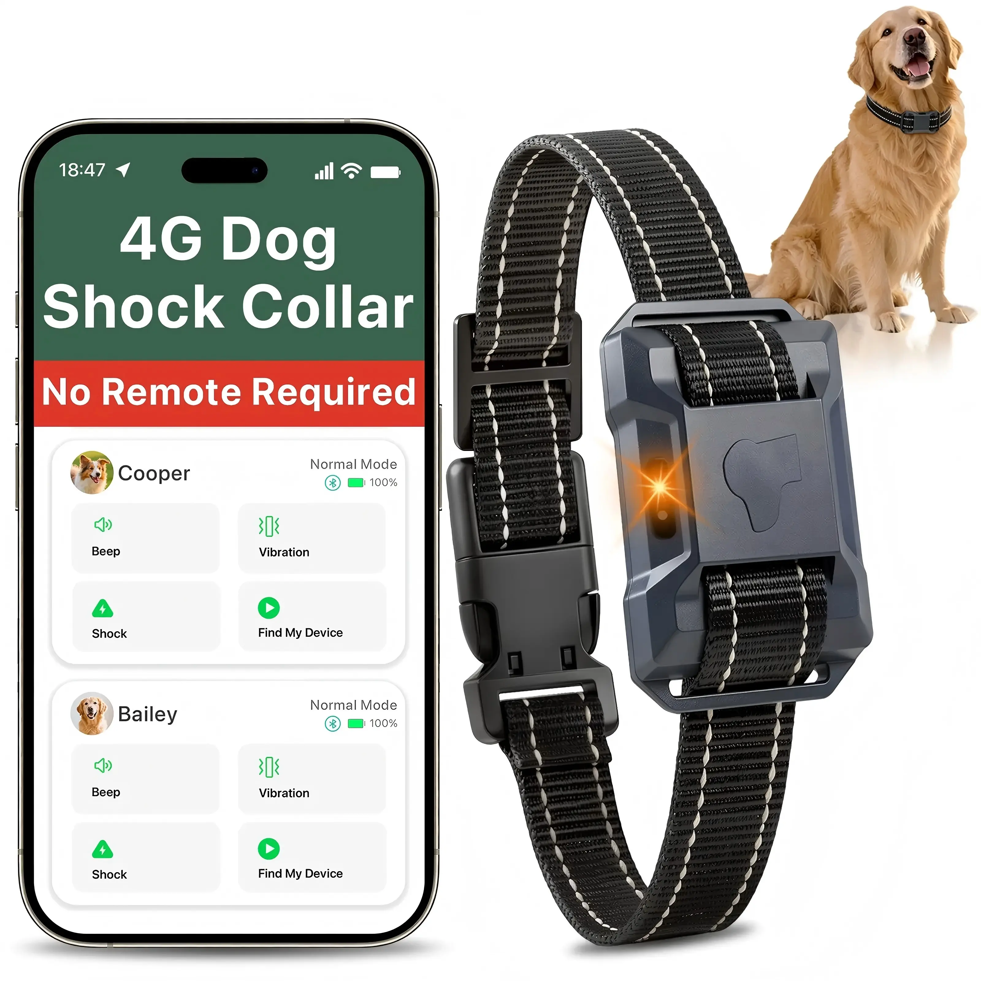 4g Smart Dog Electric Collar, APP Control, Rechargeable,IP68 Waterproof, 4 Modes, No Remote Required, Training& Tracking