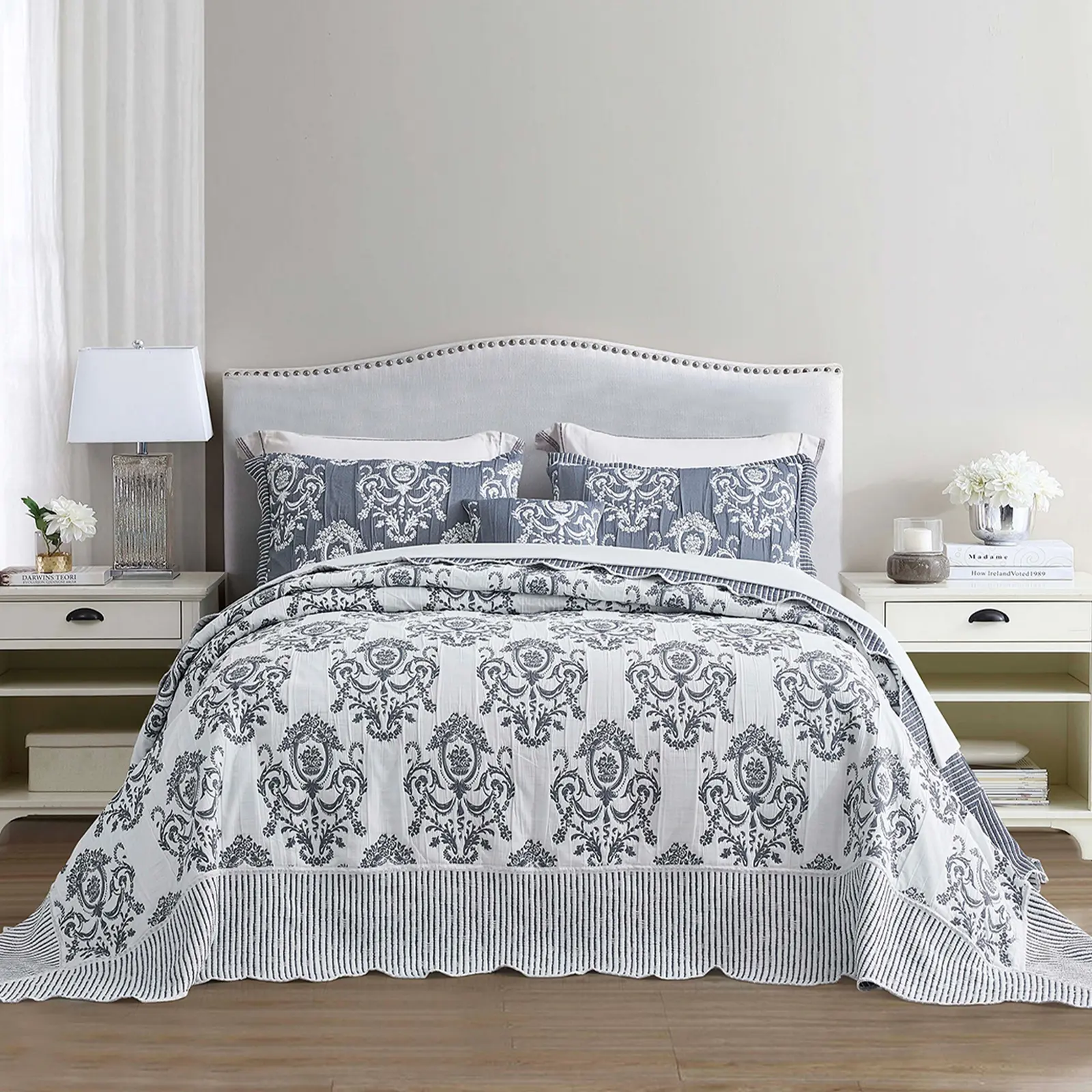 HZ & HY Oversized Bedspread Extra Wide, Jacquard Matelasse Damask Pattern Design, Lightweight, Reversible, 5 Piece bedspread coverlet guest room