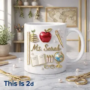 Personalized Teacher 3D Effect Coffee Mug with Name, 2D Printed 3D Effect Apple Teacher Mug, Cute School Theme Mug for Teachers and Educators, Classroom Desk Coffee Cup for Daily Use, Back to School, Christmas Gift Idea for Teacher