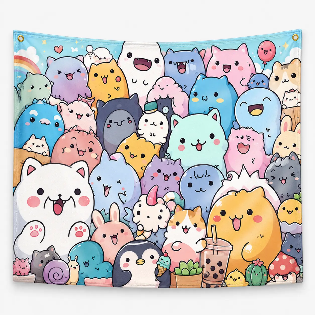 Cute Kawaii Animal Friends Tapestry - Pastel Pink, Blue, Yellow, Mint Cartoon Fabric Wall Hanging, Playful Wall Art for Bedroom, Dorm, Home Decor Gift