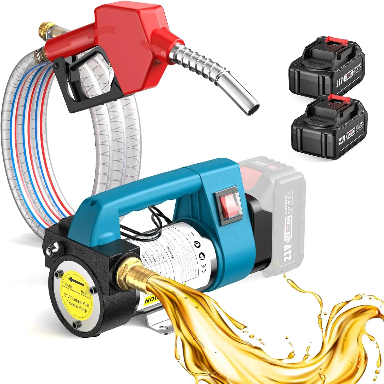 Seesii Fuel Transfer Pump Battery Powered, 21V Cordless Diesel Transfer Pump with 2X4.0Ah Battery, 12GPM Portable Self-Priming Diesel Pump Kit with Au