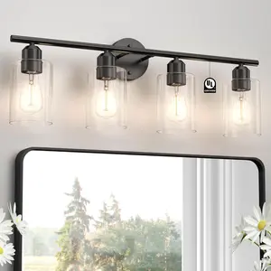 4 Light Bathroom Vanity Light Fixtures Black,Rustic Farmhouse Vanity Lighting Over Mirror Modern Industrial Lamp with Cylinder Glass Shade UL Certified