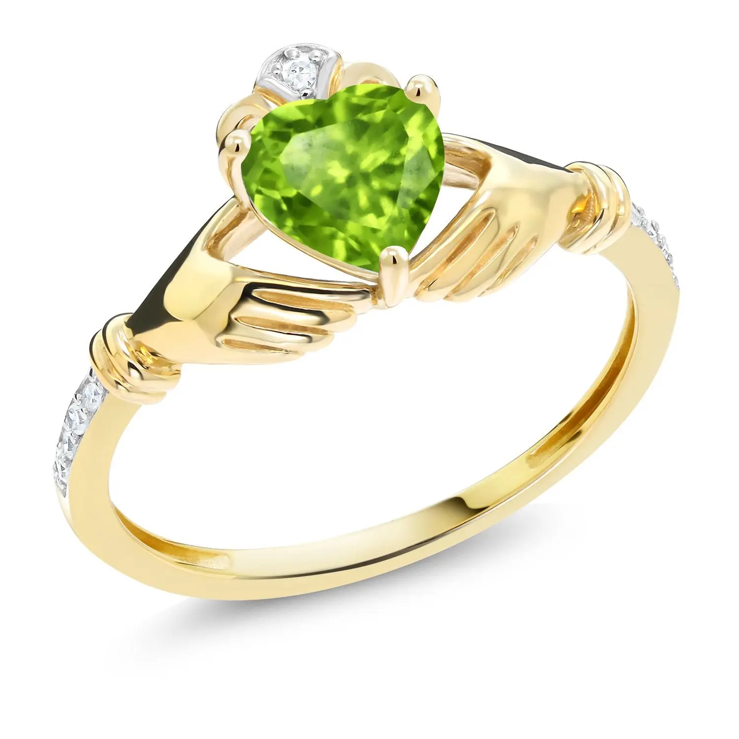 Gem Stone King 10K Yellow Gold 6MM Heart Shape Gemstone Birthstone and White Diamond Irish Celtic Claddagh Engagement Ring | Gold Ring For Women | Sizes 5 to 9