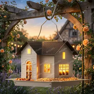 MrCrafts Solar Bird Feeder, 7.4" × 6.69" × 6.37", Hanging Metal Bird House feeder with Solar Lights, Outdoor Solar Lantern, Garden Decor for Outside, Unique Gifts for Mom, Grandma