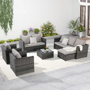 6 Piece Patio Furniture Set, Outdoor Furniture Set Wicker Rattan Sofa Conversation Set All Weather Patio Sectional Sofa Set with Glass Table, Cushions and Pillows for Garden, Backyard