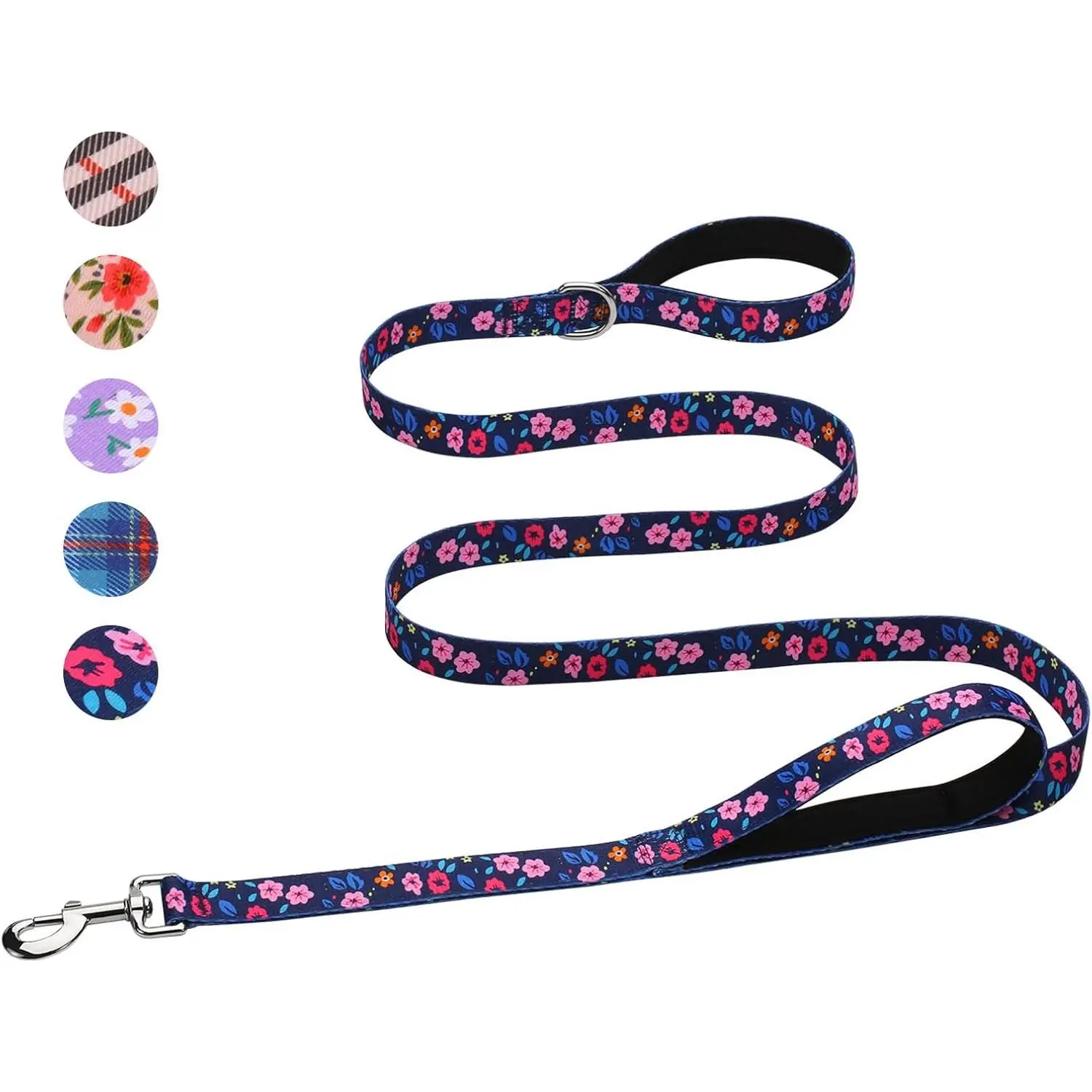 Double Handle Dog Leash 6 Ft for Medium Large Dogs, Padded Traffic Handles Lead for Walking  (Navy Blue Floral)