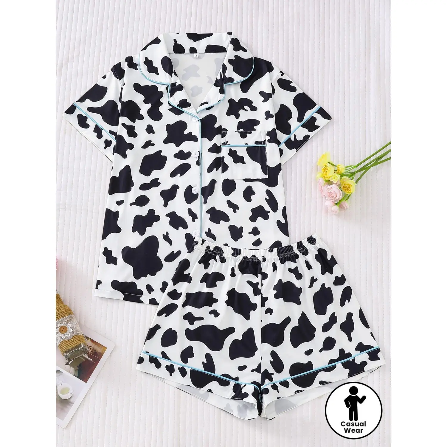 2-Pack Women’s Cow Print Pajama Set with Short-Sleeve Button-Up Lapel Top and Elastic-Waist Shorts