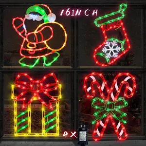 16" Christmas Window Silhouette Lights - 4 Pack Colour Lighted Christmas Stocking & Candy Cane & Gift Box & Santa for Holiday Indoor and Outdoor Wall Door Window Decorate