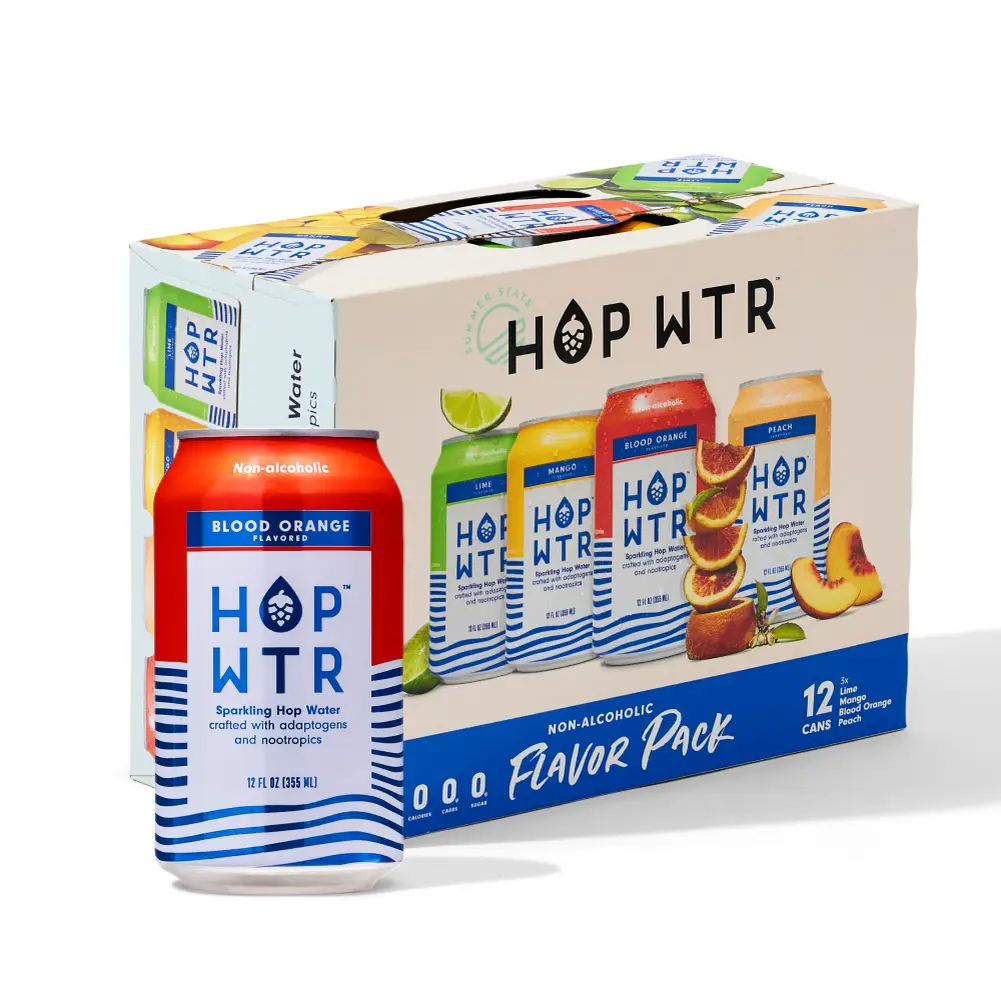HOPWTR Best Selling Flavors including Blood Orange, Lime, Mango and Peach | Infused with Ashwagandha and L-theanine | Sparkling Water, Beverage | 12oz
