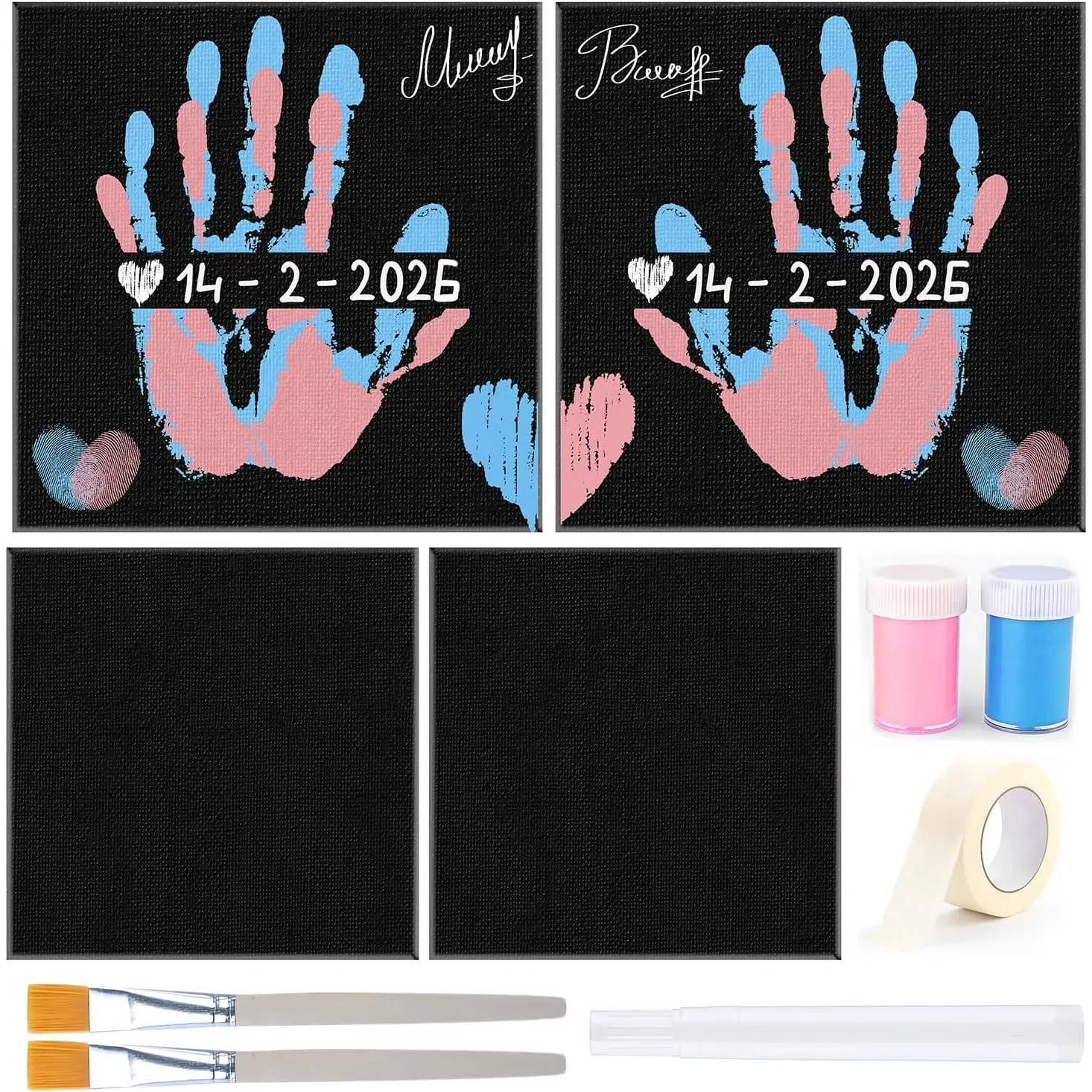2 count 10"x 10" Handprint Frame kit,Couples Painting kit Date Night,Black Canvas Hand Painting, and sip kit for Adults,Canvas Hand DIY PaintParty Favors