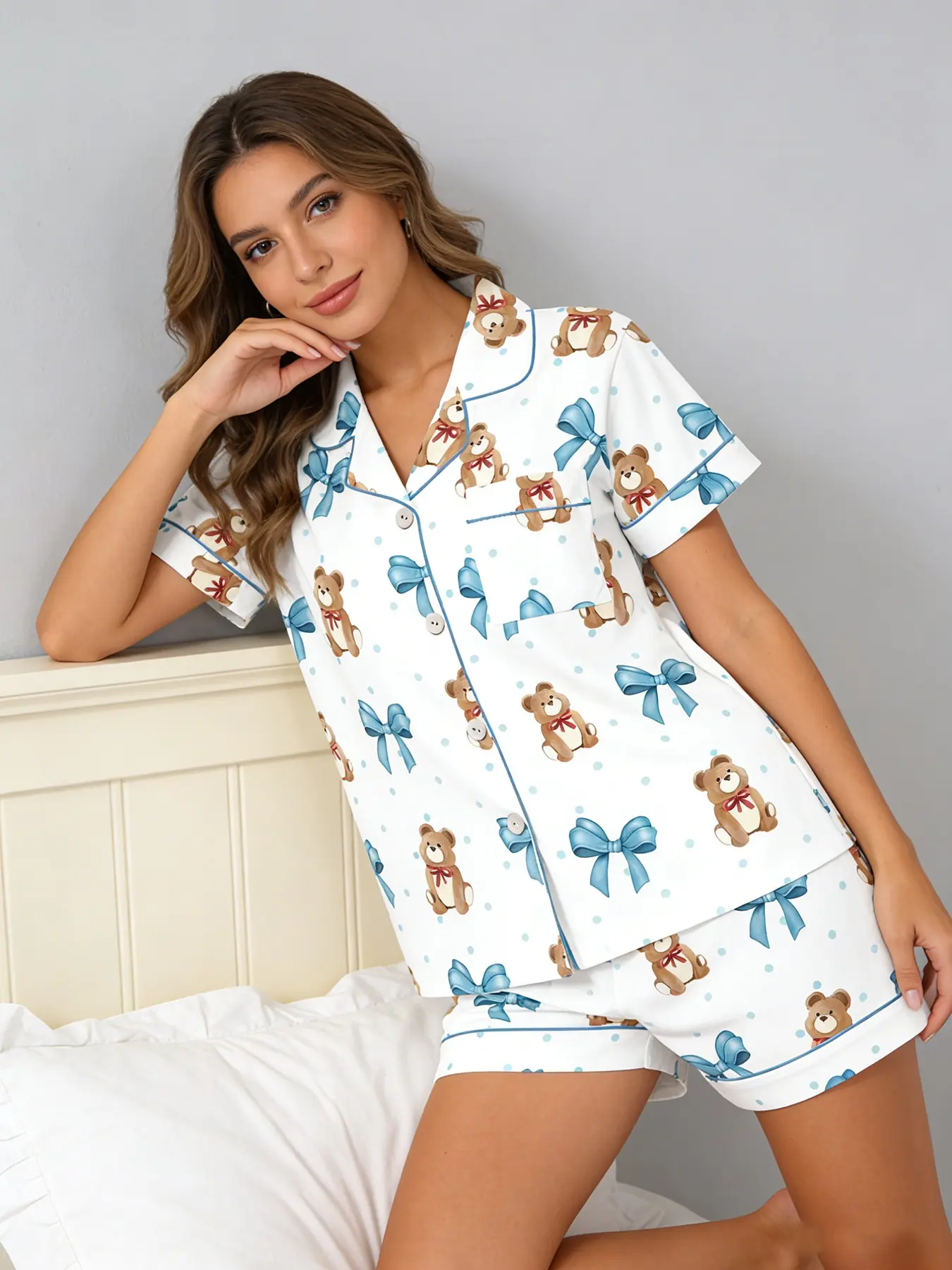 Calming White Teddy Bear Pajama Set for Women, Button Down Short Sleeve, Spring Summer Breathable Loungewear, Cute Bear Print, Cozy Home Outfit