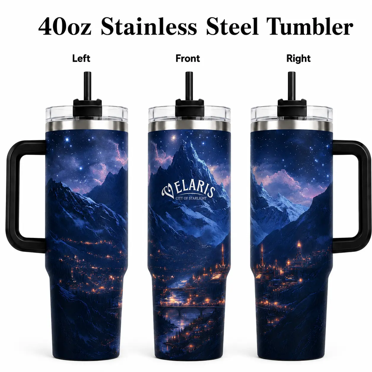 Velaris 2 Celestial Moon Bookish Tumbler, City of Starlight Acotar Mystical Starry Night 40oz Tumbler, Fantasy Night Sky City Insulated Travel Cup, Gold Moon Phase Mountain Water Bottle, Dark Academia Celestial Tumbler, Gift for Her, Witchy Coffee Cup