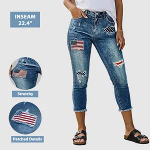 Flamingals Wash American Flag Pattern Ripped Raw Hem Mid Rise Capri Skinny Jeans