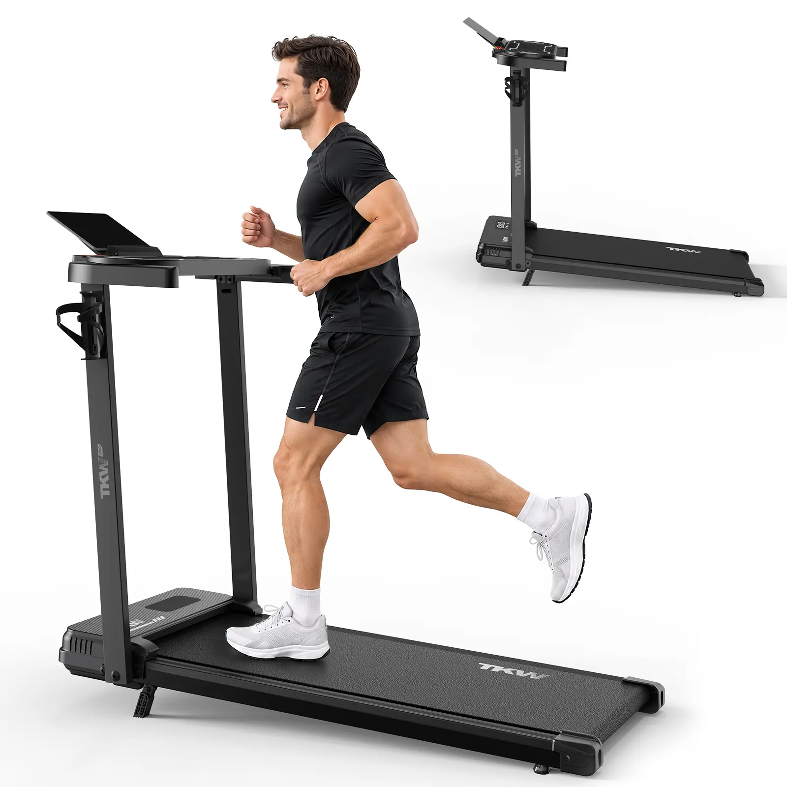 Compact Incline Quiet Treadmill - Underdesk Walking Pad, Portable Small Treadmills, Quiet Low-Noise Motor, 5% Incline, 260lbs Cap., Functional Handrails, Space Saver, Home Workout Gear for Home Office Fitness