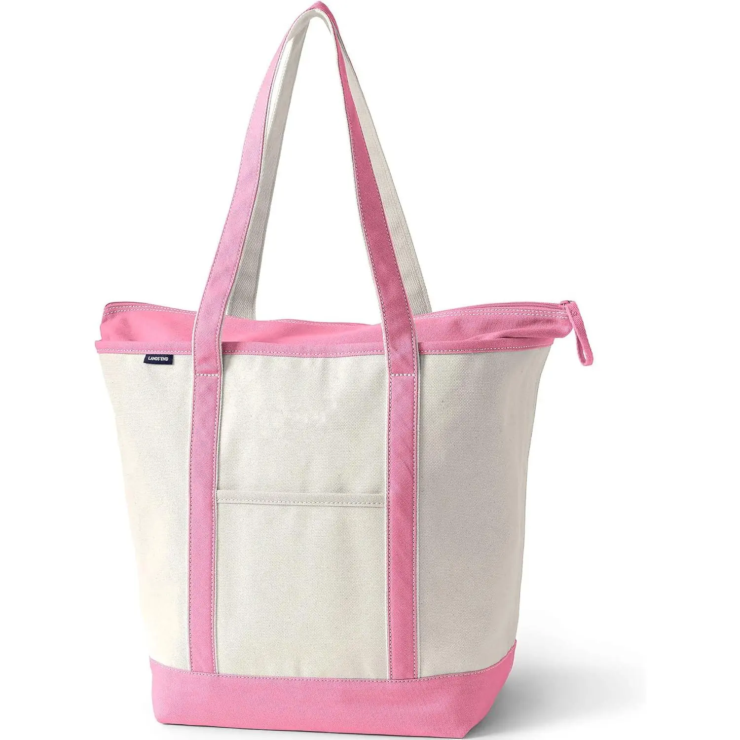 Lands' End Natural Long Handle Zip Top Canvas Tote - Fresh Pink Large, Durable 100% Cotton, Water-Repellent Base, 500 lbs Capacity, Internal & External Pockets
