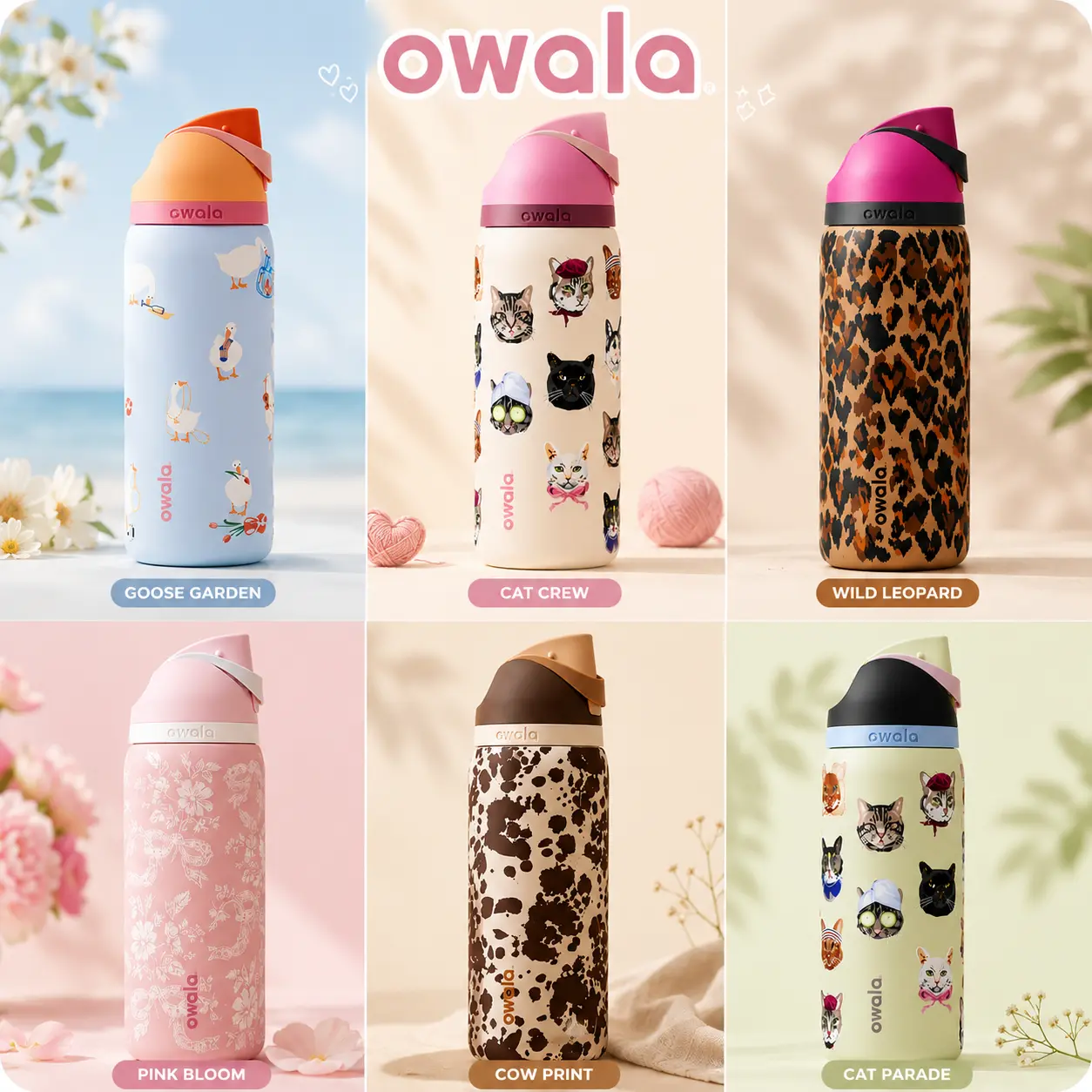 6 Styles Owala FreeSip 32oz Water Bottle, Cute Animal & Floral Prints, Insulated Stainless Steel Tumbler, Leak-Resistant Lid, Daily Travel Drinkware