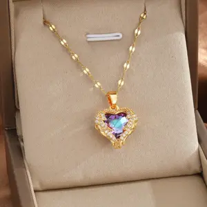 14k gold plated necklace with heart pendant and sparkling stones for women to use in parties, exquisite jewelry for daily decoration, birthday gift for friends